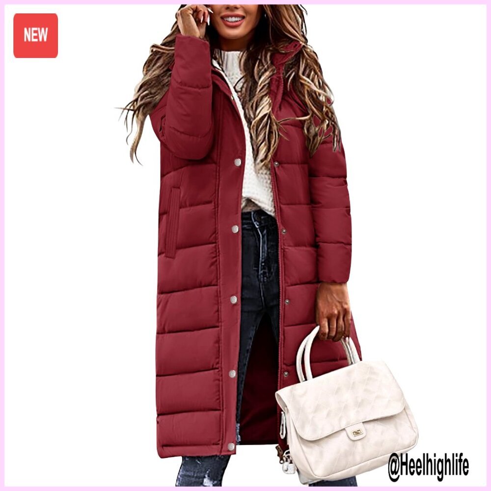 Long Hooded Puffer Jacket, Water-Resistant Polyester, Warm Winter Coat for